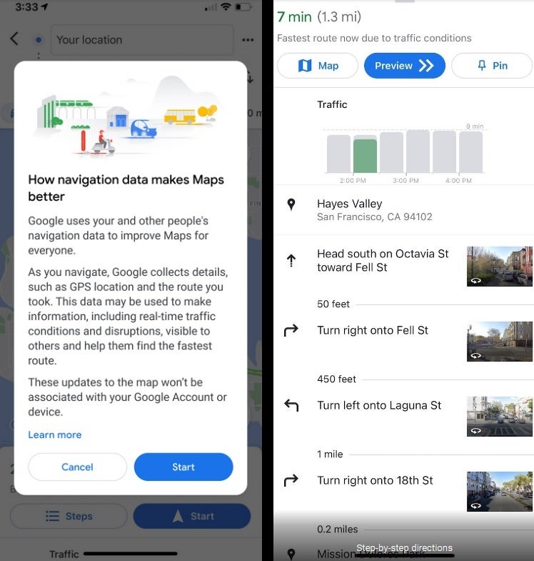 Google explains how it uses your crowdsourced data on the left and those who don't opt-in to the program will see a step-by-step set of directions. - Google's ultimatum: allow Maps to use your crowdstreamed data or lose turn-by-turn navigation