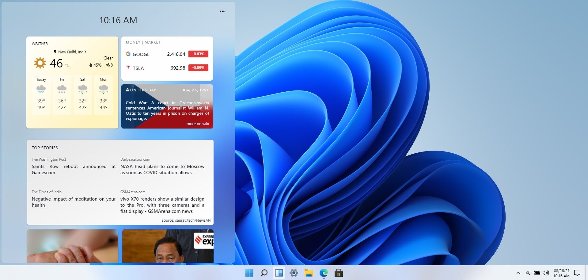 The Windows 11 widget screen as replicated in this simulation - Try out the new Windows 11 interface right on your phone or tablet