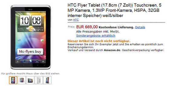 Amazon Germany is selling the just introduced HTC Flyer tablet for 669 euros, the equivalent of $904 U.S. dollars - HTC Flyer spotted on Amazon Germany priced at 669 euros ($904 U.S. dollars)