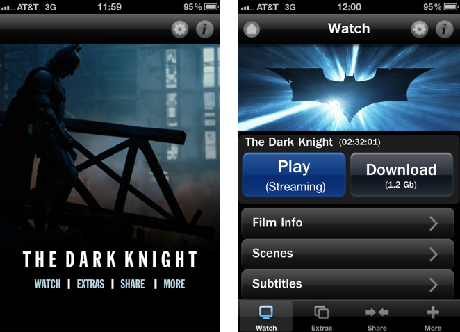 Apple iPhone users can get free apps for The Dark Knight and Inception that offer the opportunity for the user to pay to have the full-length movies downloaded or streamed to their handset - Dark Knight app for the Apple iPhone starts as free preview and can end with you downloading the full-length film