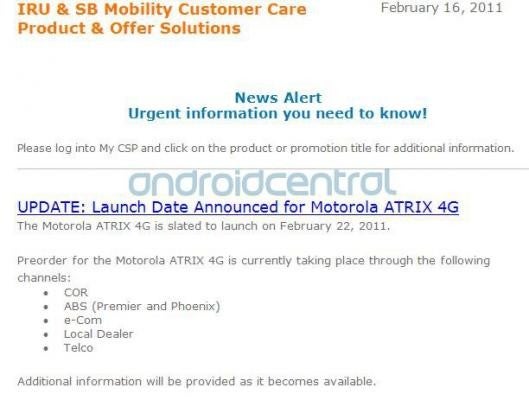 Is this a legitimate letter of internal communications stating that the Motorola ATRIX 4G will now be launched earlier on February 22nd instead of March 6th? - Motorola ATRIX 4G launch moved up to February 22nd?
