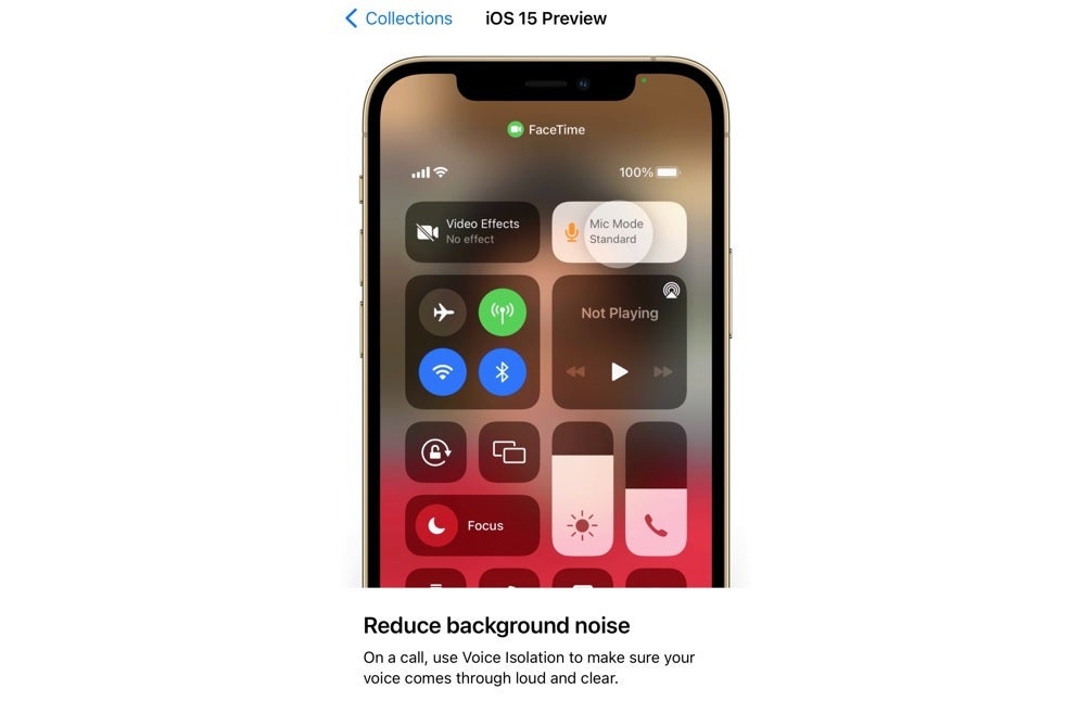 The preview features information on FaceTime&#039;s new Voice Isolation feature - View a preview of the new iOS 15 features courtesy of Apple