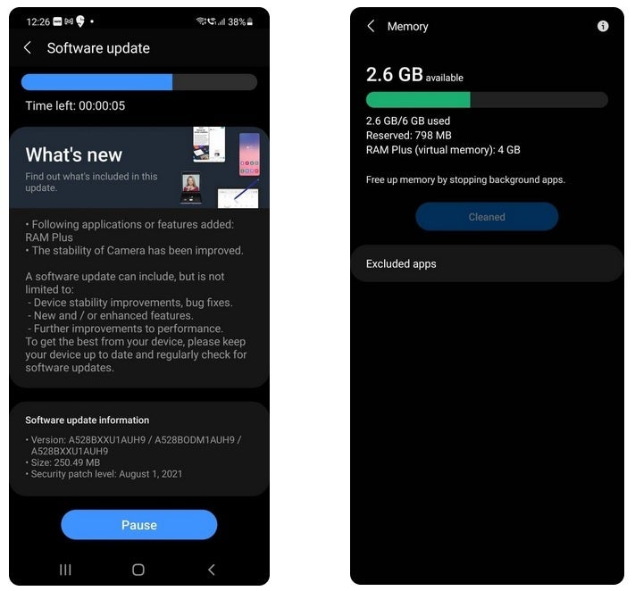 This update, rolling out now in India and other countries to the Galaxy A52s 5G, adds 4GB of virtual RAM to the phone - Samsung's RAM Plus feature adds virtual memory to a 5G Galaxy handset