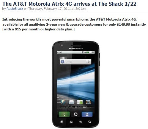 Motorola ATRIX 4G priced at $149 by RadioShack, AT&amp;T offers it for $199