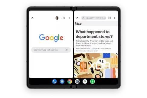 Google replaced this render with a more generic picture. It demonstrates a foldable phone running two&amp;nbsp;instances of Chrome. The taskbar can be seen at the bottom - More evidence that Pixel Fold could land in Q4; Google may already have started work on second-gen