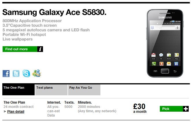 Samsung Galaxy Ace launches on Three UK; also available on pay-as-you-go plans