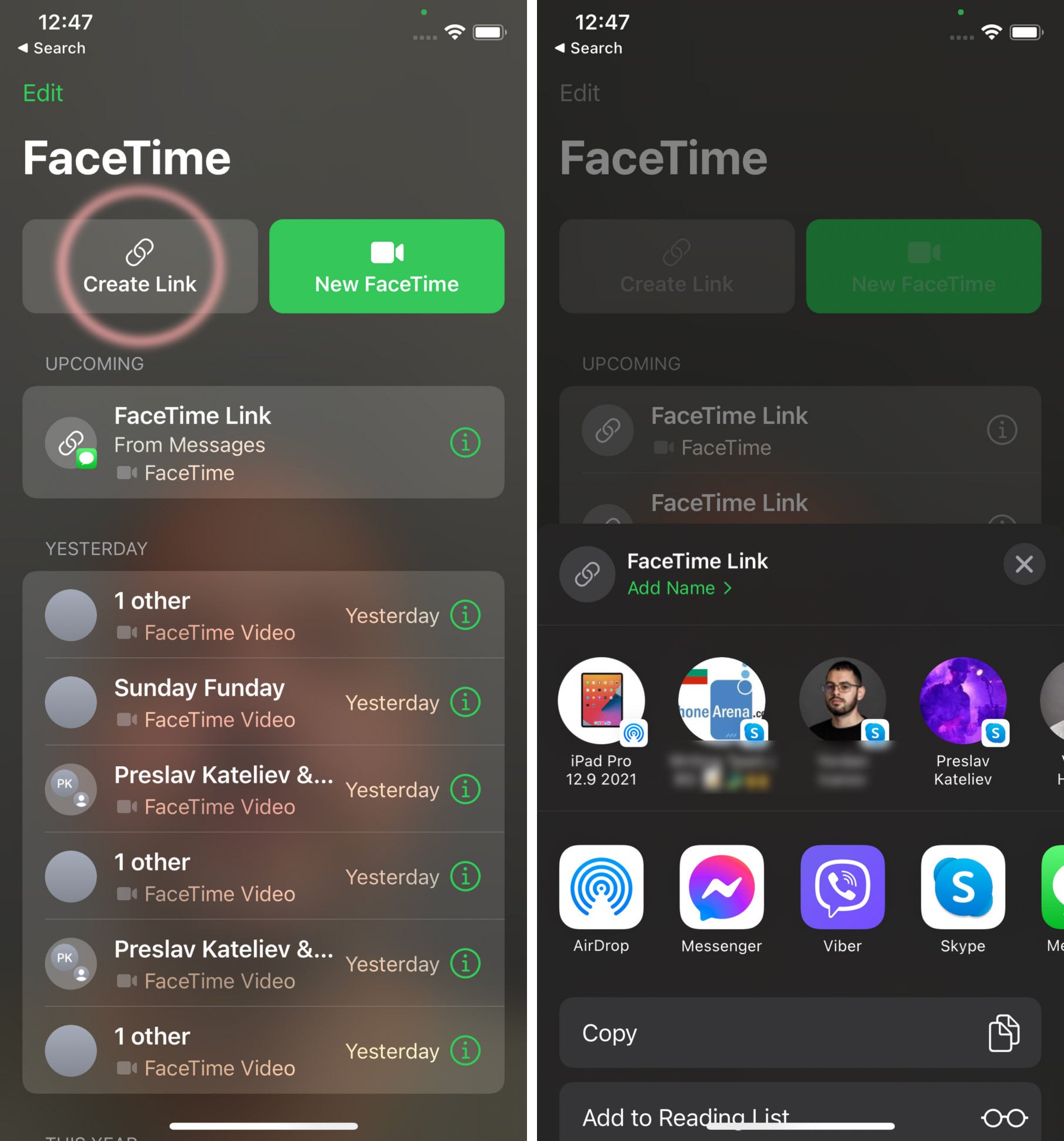 Tap Share Link and send it - How to FaceTime Android users from iPhone