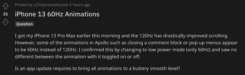 Some iPhone 13 Pro users have noticed the lack of a 120Hz refresh rate on third-party animations - Apple says its 120Hz refresh rate does work with all third-party apps