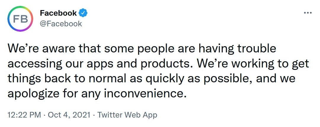Facebook turns to Twitter to put out a statement - Facebook, Instagram, WhatsApp, Messenger are all down worldwide