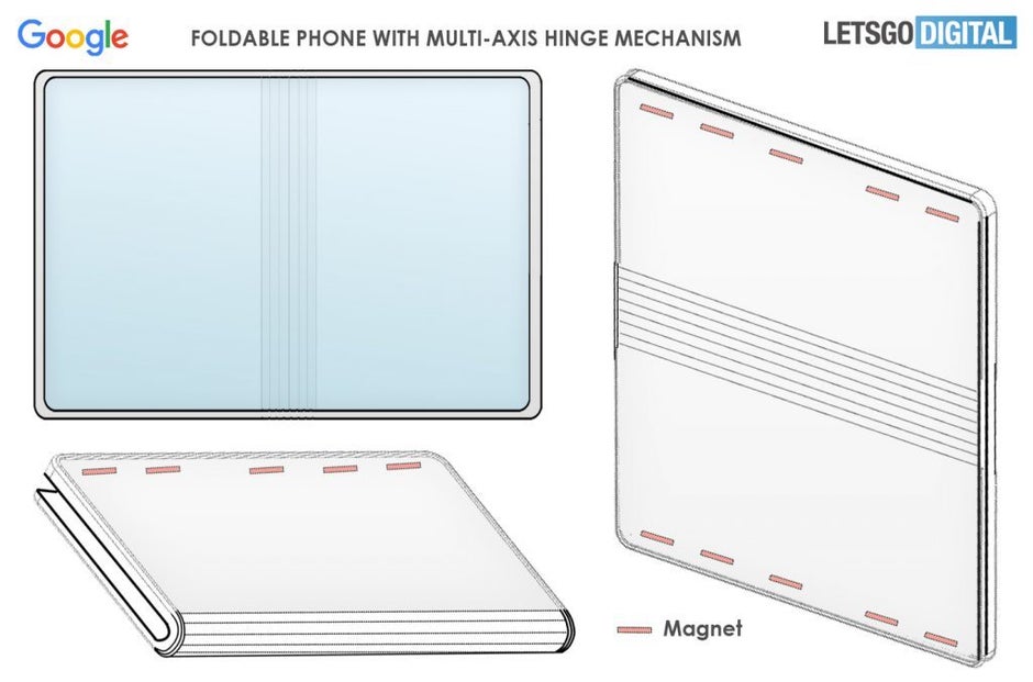 Image from Google's newly awarded patent for a foldable smartphone hinge - Pixel Fold renders surface (VIDEO); Google gets patent for the foldable's hinge