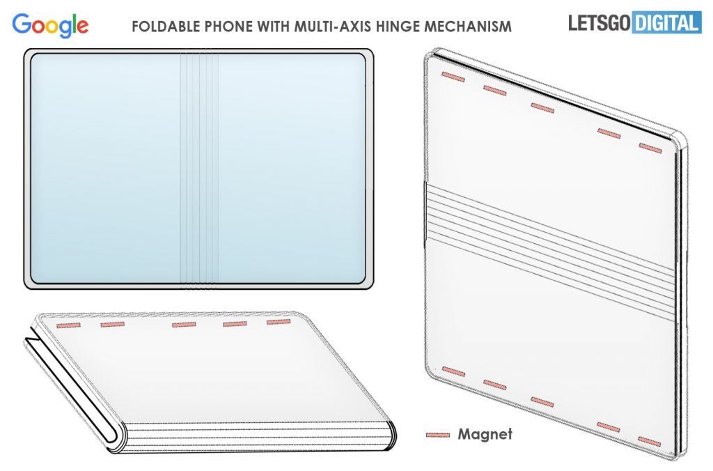 Image from Google&#039;s newly awarded patent for a foldable smartphone hinge - Pixel Fold renders surface (VIDEO); Google gets patent for the foldable&#039;s hinge