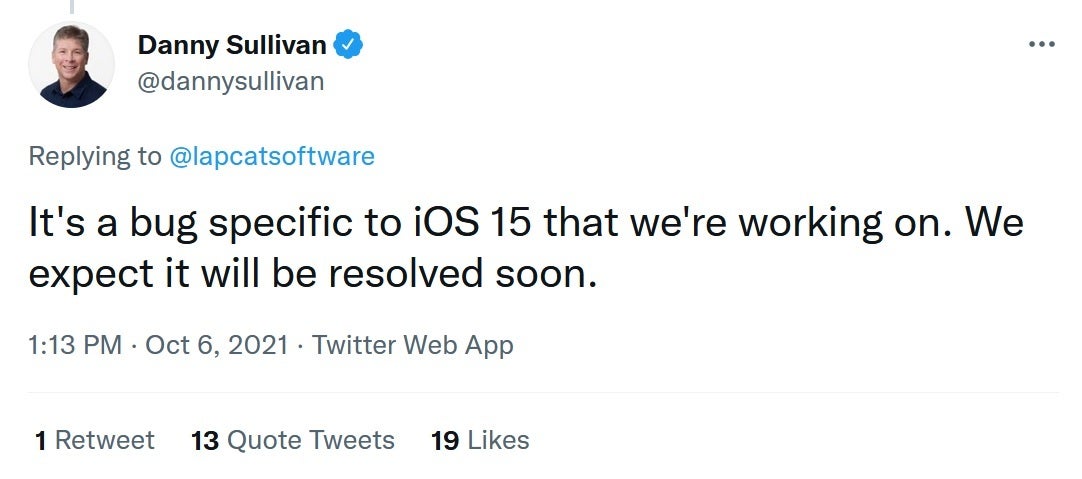 Google's public search liaison says that a fix will be disseminated soon - Google says it will exterminate a bug that prevents AMP links from loading in mobile Safari