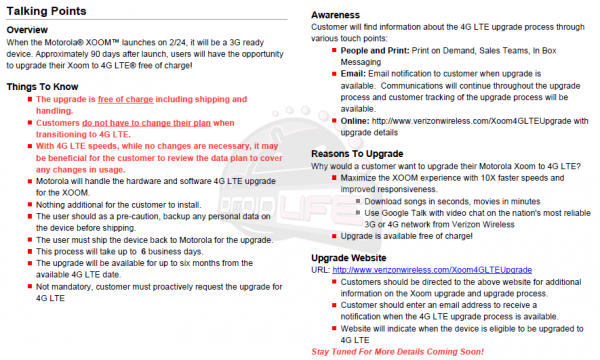 To upgrade your Motorola XOOM to 4G, you will have to send your unit back to the factory; the process takes 6 business days - To get upgraded to LTE,  your Motorola XOOM must be returned to the factory