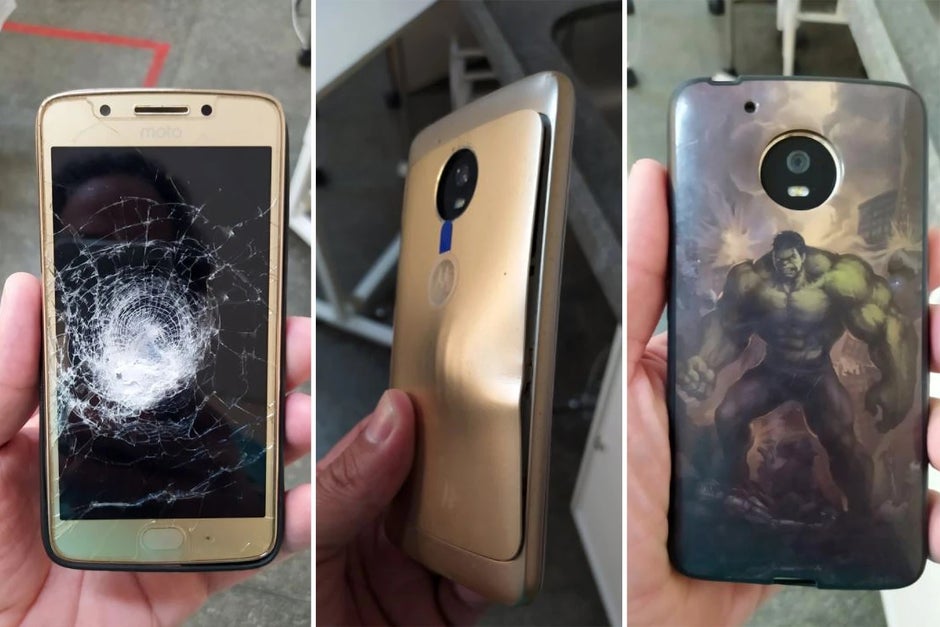 The victim's Moto G5 took the brunt of the bullet's impact while it was wearing the Hulk case on the right - Moto G5 stops a bullet during an armed robbery saving its owner's life