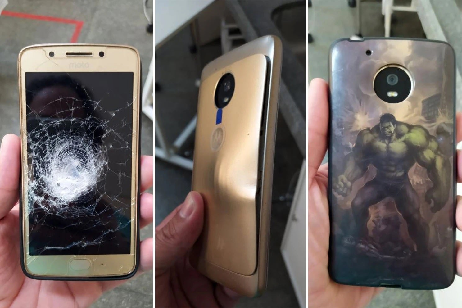 The victim&#039;s Moto G5 took the brunt of the bullet&#039;s impact while it was wearing the Hulk case on the right - Moto G5 stops a bullet during an armed robbery saving its owner&#039;s life
