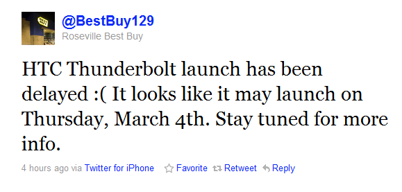 March 4th launch for HTC Thunderbolt tweets a Best Buy store