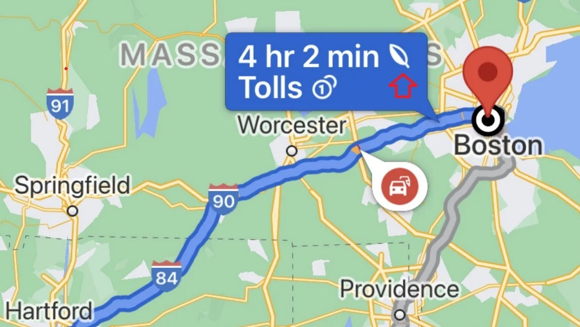 The Leaf icon indicates that the route selected is eco-friendly and could save you gas - How to obtain eco-friendly directions on Google Maps while conserving gas