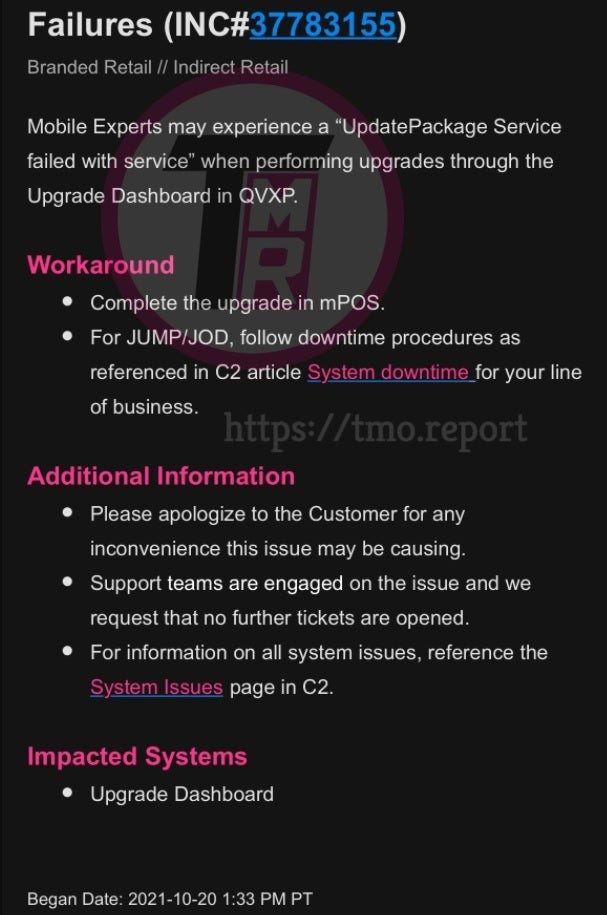 Leaked internal document reveals that T-Mobile's internal systems are down - Leaked internal document reveals that T-Mobile is having issues with upgrades