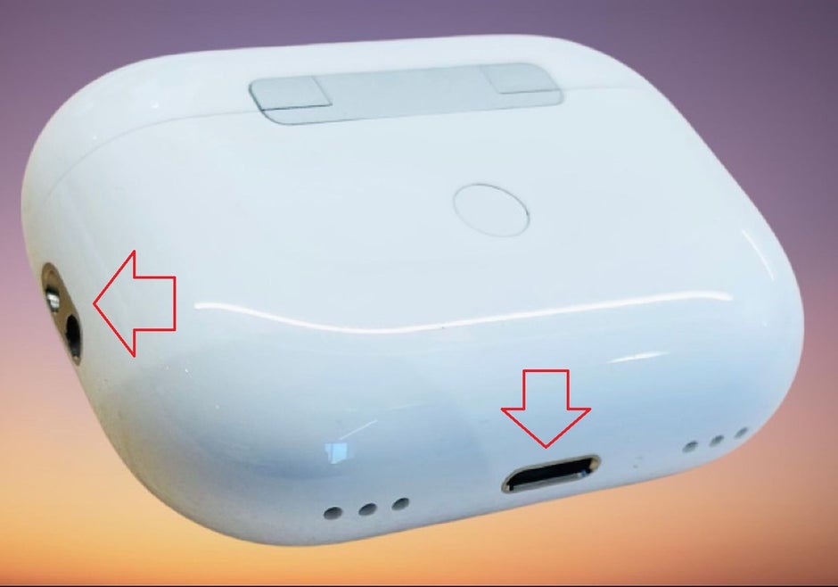 Arrows show the new strap holder on the AirPods Pro 2 charging case and the speaker holes on the bottom of the case - Leaked photos claim to show the AirPods Pro 2