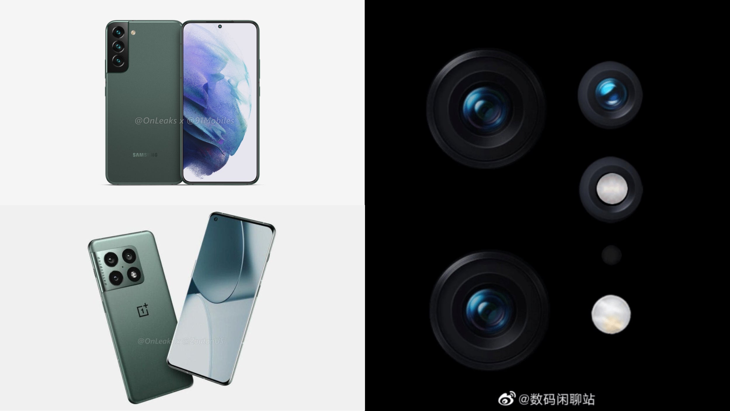 Galaxy S22 (top left), OnePlus 10 Pro (bottom left), Xiaomi 12 rear camera unit (right). - Are Samsung, OnePlus, and Xiaomi trying to escape Apple&#039;s shadow?