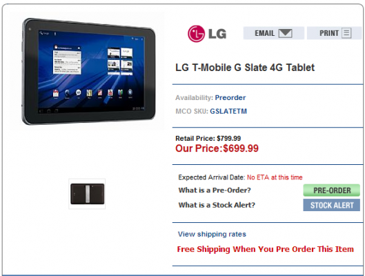 MobileCity's placeholder page for the LG G-Slate shows a price of $699.99 for the tablet - LG G-Slate priced at $699.99 on MobileCity's web site