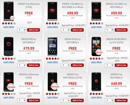 To make room for the next wave of hot Droid handsets, Verizon has slashed prices on the Droid models in its current line up - Verizon cuts the price on Droid handsets; R2-D2 version is now free with a 2 year contract