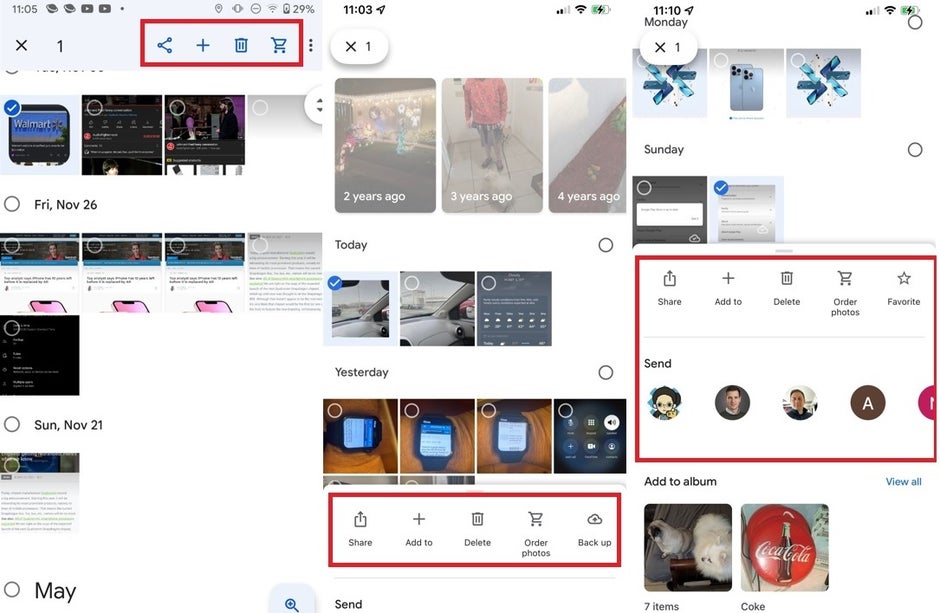 از چپ به راست، رابط کاربری قبل از به‌روزرسانی. رابط کاربری پس از به روز رسانی؛ برگه پایین برای نمایش اطلاعات اشتراک‌گذاری بالا کشیده شد - به‌روزرسانی Google Photos سمت سرور، گزینه‌های کاربر خاصی را از بالا به پایین صفحه منتقل می‌کند.