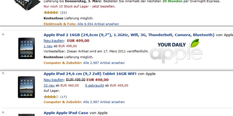 Amazon Germany briefly lists the iPad 2 with a Thunderbolt port and 1.2GHz chipset