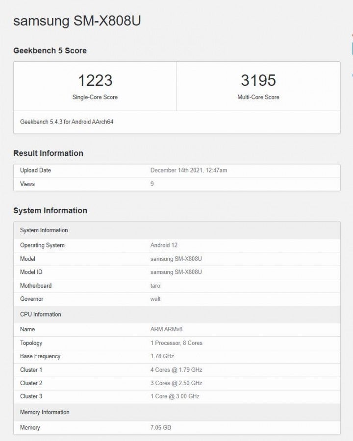 Galaxy Tab S8+ confirmed with Snapdragon 8 Gen 1 and 8GB of RAM (Geekbench)
