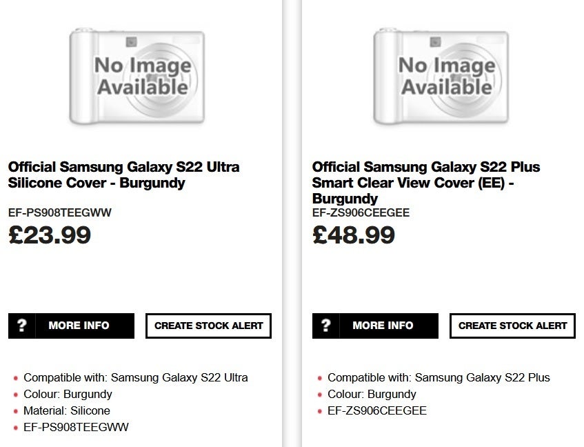 Listagem de capas no site da Box.co.uk para o Galaxy S22 Ultra e Galaxy S22 + - Os acessórios para a série 5G Samsung Galaxy S22 aparecem no site do varejista do Reino Unido