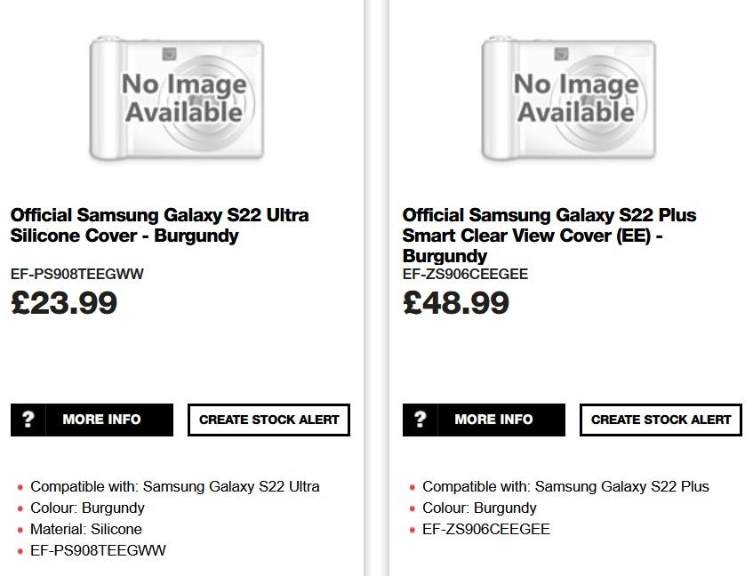 Listing for cases on the Box.co.uk website for the Galaxy S22 Ultra and Galaxy S22+ - Accessories for the 5G Samsung Galaxy S22 series appear on U.K. retailer&#039;s website