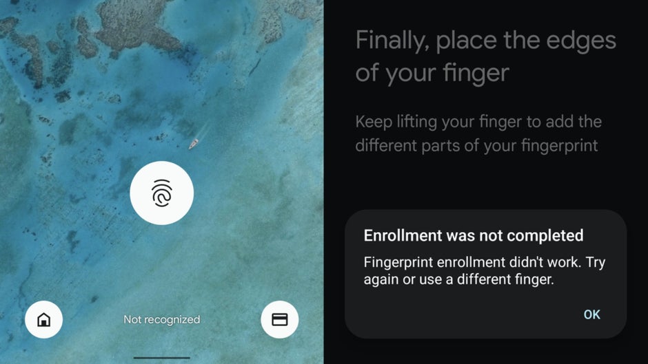 My cousin's Pixel 6 wouldn't let him register his thumbprint (right). - How my fun (but unpredictable) Pixel 6 Pro got me craving an iPhone 14 Pro