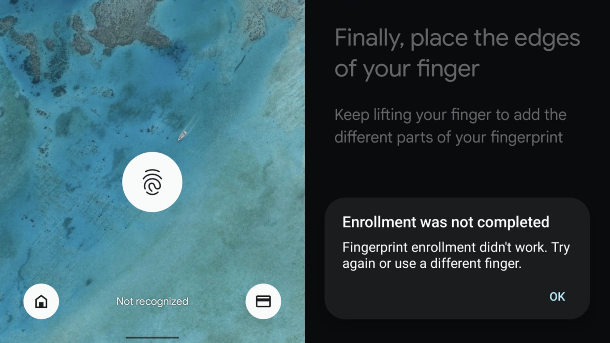 My cousin&#039;s Pixel 6 wouldn&#039;t let him register his thumbprint (right). - How my fun (but unpredictable) Pixel 6 Pro got me craving an iPhone 14 Pro