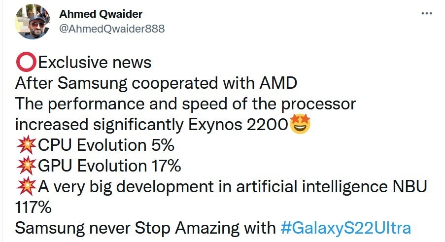 يقوم Tipster بتسريب تغيير واضح في أداء وحدة المعالجة المركزية ووحدة معالجة الرسومات من Exynos 2100 إلى Exynos 2200 - على الرغم من أنه يتميز بوحدة معالجة رسومات AMD ، إلا أن تحسين أداء Exynos 2200 قد يكون مخيبا للآمال