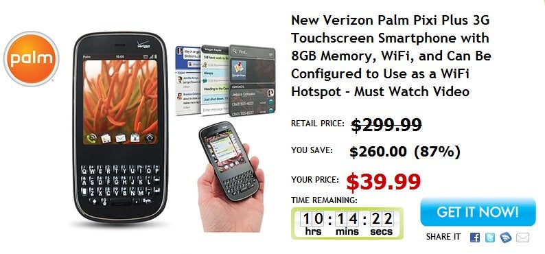Off-contract brand new Verizon Palm Pixi Plus is selling for $45 shipped