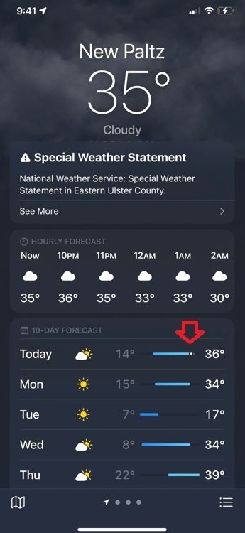 Strzałka pokazuje wskaźnik punktu bieli, który wskazuje, że aktualna temperatura w New Paltz jest na najwyższym oczekiwanym poziomie na dzień dzisiejszy – nowa natywna aplikacja pogodowa na iOS 15 ma ukryte funkcje punktu bieli