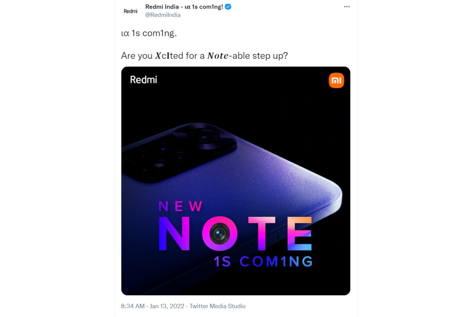 A screenshot of Xiaomi&#039;s Twitter teaser of the Redmi Note 11S - Redmi Note 11S teased in quirky Tweet