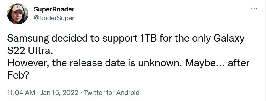 Former Samsung employee tweets about a 1TB Galaxy S22 Ultra model - 5G Galaxy S22 Ultra tipped to arrive with 1TB storage option