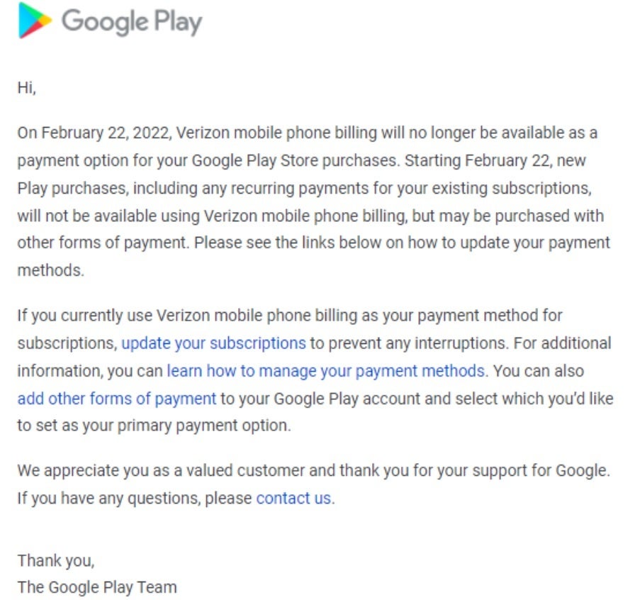 Verizon and AT&T customers can no longer use carrier billing to pay for Google Play Store apps, subscriptions, and in-app payments - Verizon and AT&T customers may need to adjust how they pay for Google Play purchases