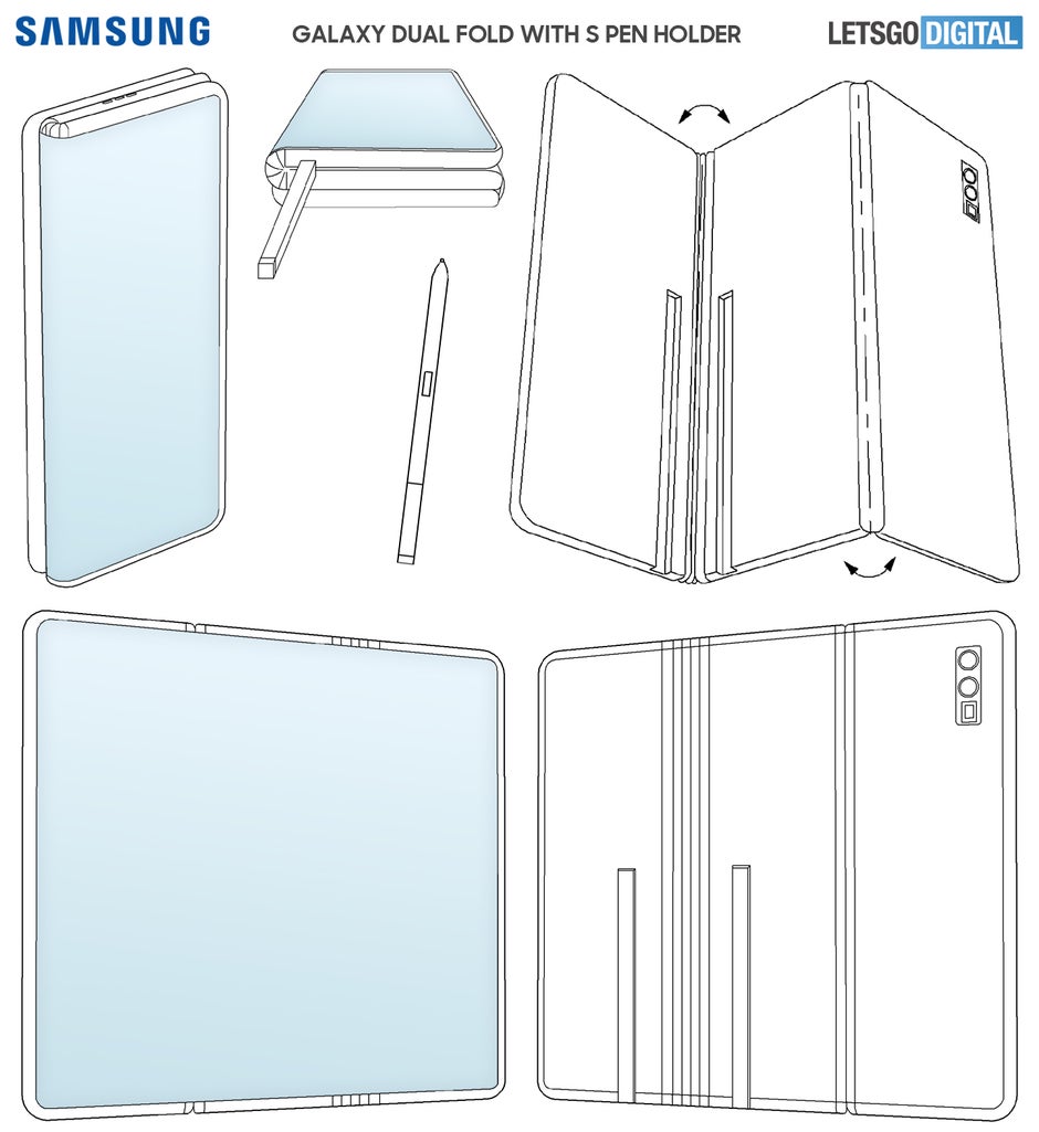 Une illustration du brevet par Let'sGoDigital.  - Samsung brevète une façon intéressante de loger le S-Pen dans un appareil à double pliage