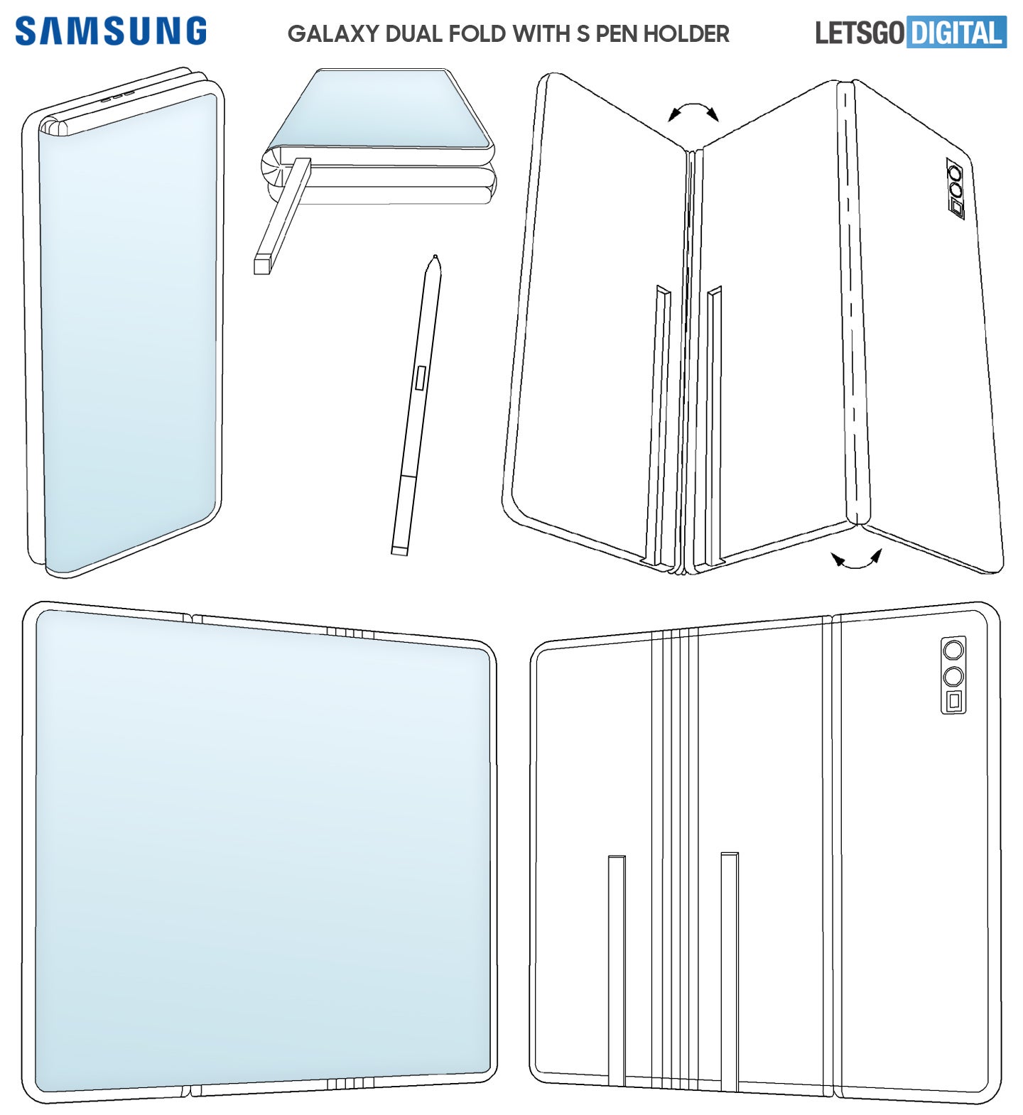An illustration of the patent by Let&#039;sGoDigital. - Samsung patents an interesting way to house the S-Pen in a dual-folding device