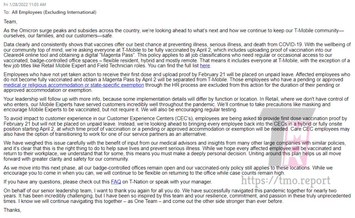 Internal T-Mobile memo - T-Mobile to fire unvaccinated corporate staff on April 2nd