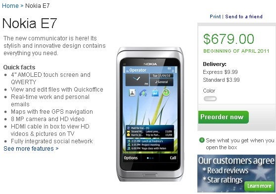 Pre-orders go live for the Nokia E7 in the US &amp; India - priced at $679