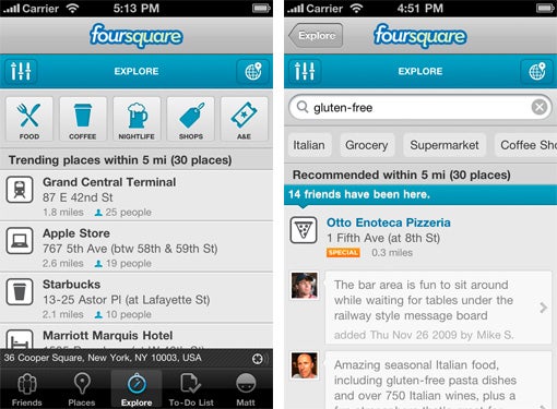 Explore finds places for you to, uhhh...explore, based on your likes and your friends preferences - Foursquare gets major upgrade tonight for iOS and Android to version 3.0