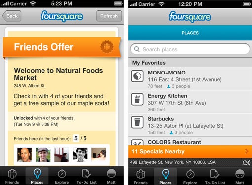 The Places screen shows specials available to you, that are nearby - Foursquare gets major upgrade tonight for iOS and Android to version 3.0