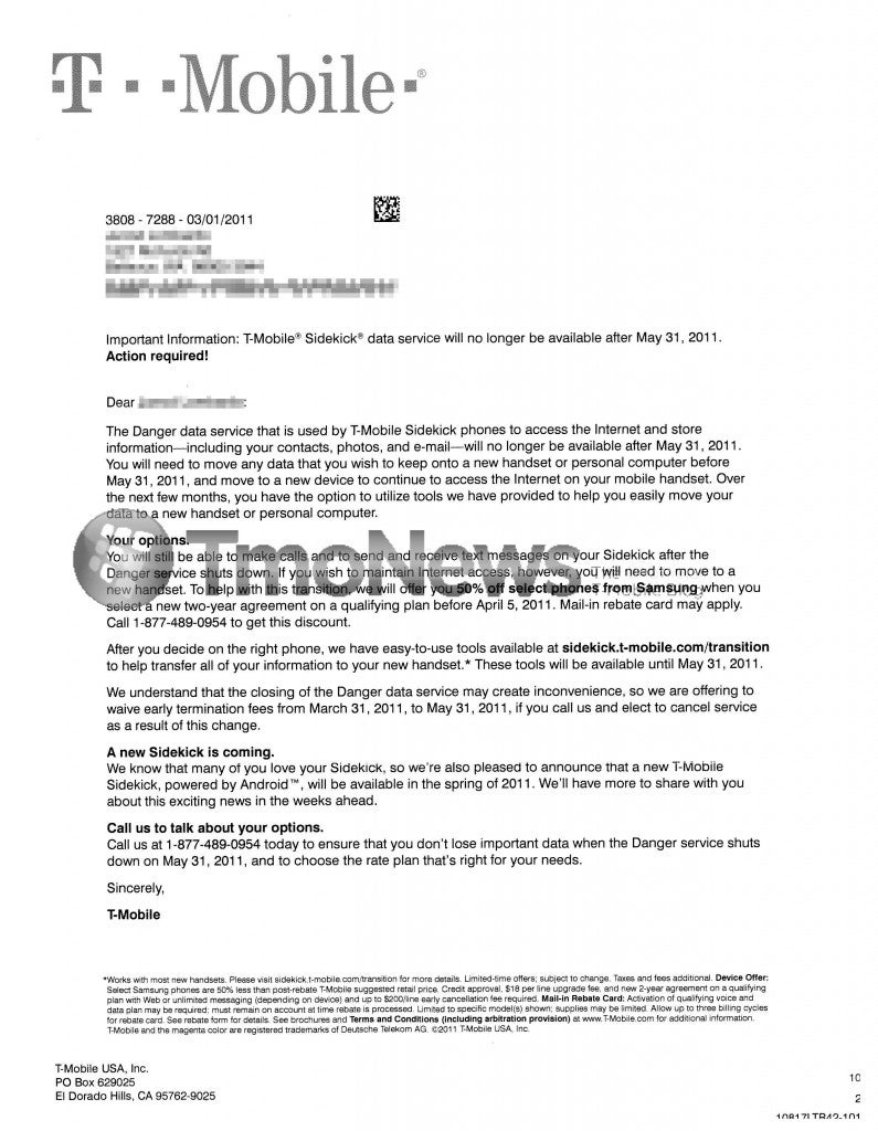 T-Mobile&#039;s response to a Sidekick owner mentions the options that the carrier is offering to owners of the device - T-Mobile offering 50% off certain Samsung handsets for Sidekick owners