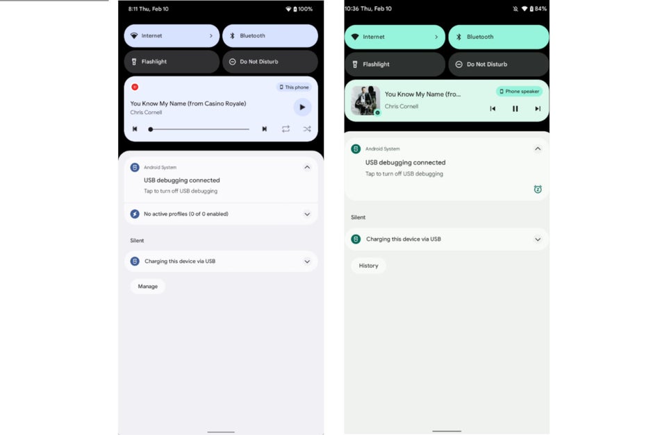 Android 13 (left) vs Android 12 (right) - First Android 13 preview reveals revamped media playback features