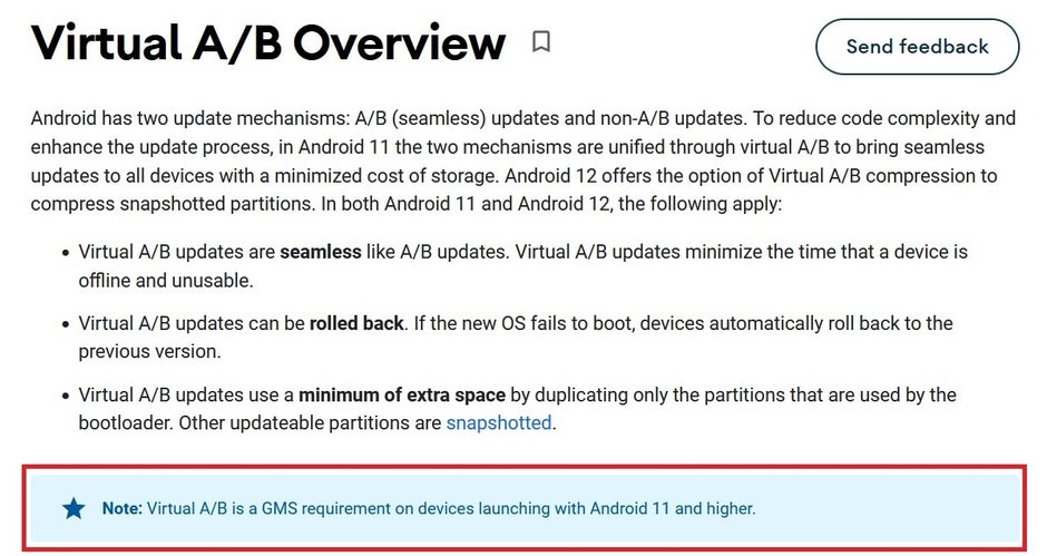 Google confusingly writes that the a/b partition is required to use GMS in Android 11 and later - Samsung's streak continues: no "Seamless Update" for the Galaxy S22 series