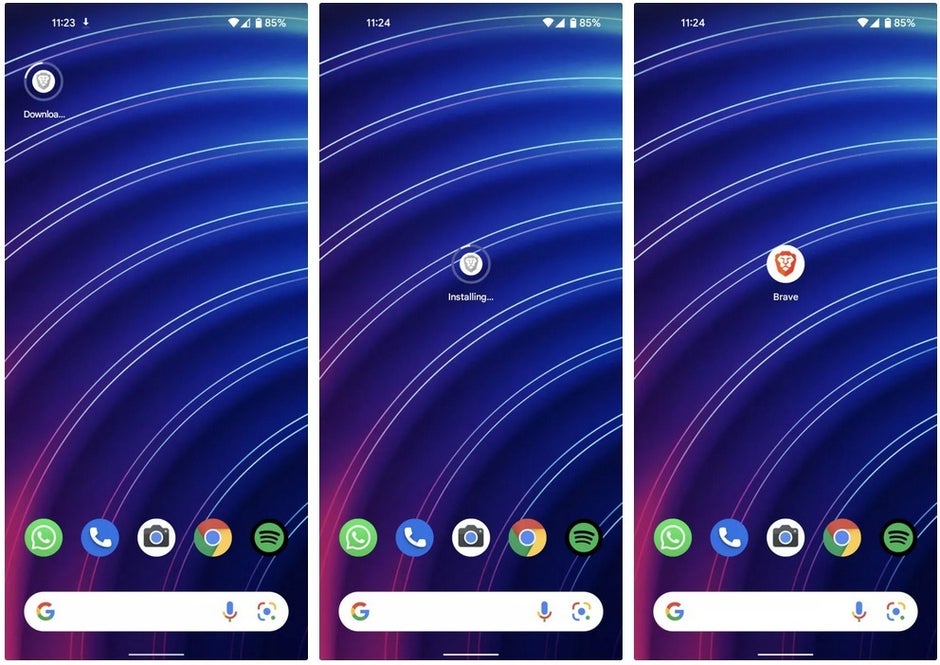 The icon of the app being downloaded and installed appears on the Android home screen with a circular progress bar - Android 12 borrows app icon installation feature from iOS