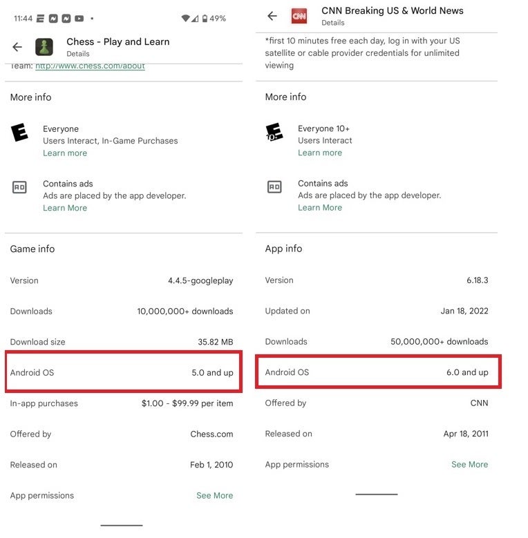 The mobile version of the Google Play Store now shows the minimum version of Android required to install each app - Google quietly adds new information to mobile Play Store app listings